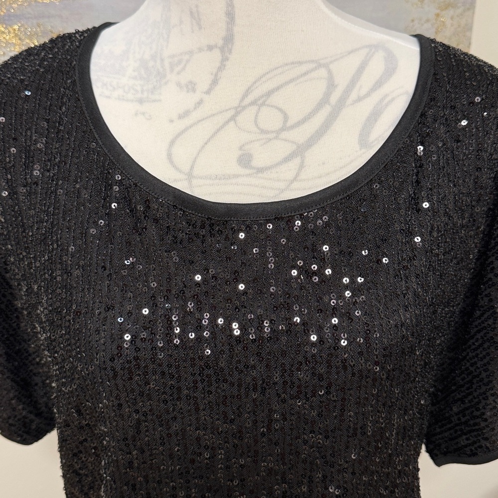 NWOT SEQUIN Short Sleeve Top, Round neck, Fully Lined, Black Size XL